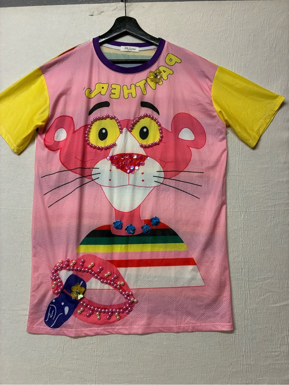 Luxe Pink & Yellow Panter Graphic Short Sleeve Jersey Mesh Tee